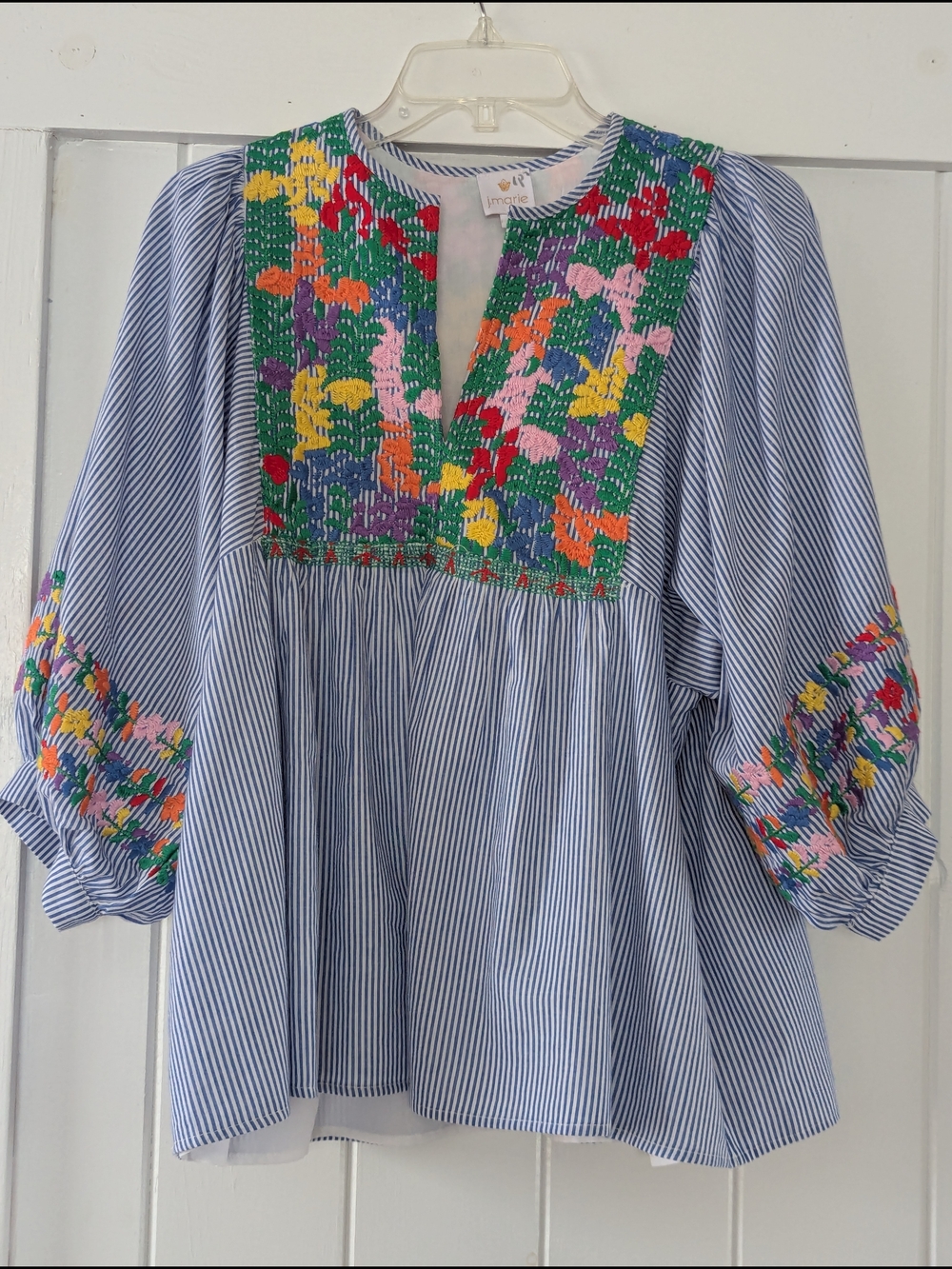 Striped Peasant Blouse with Colorful Embroidered Yoke